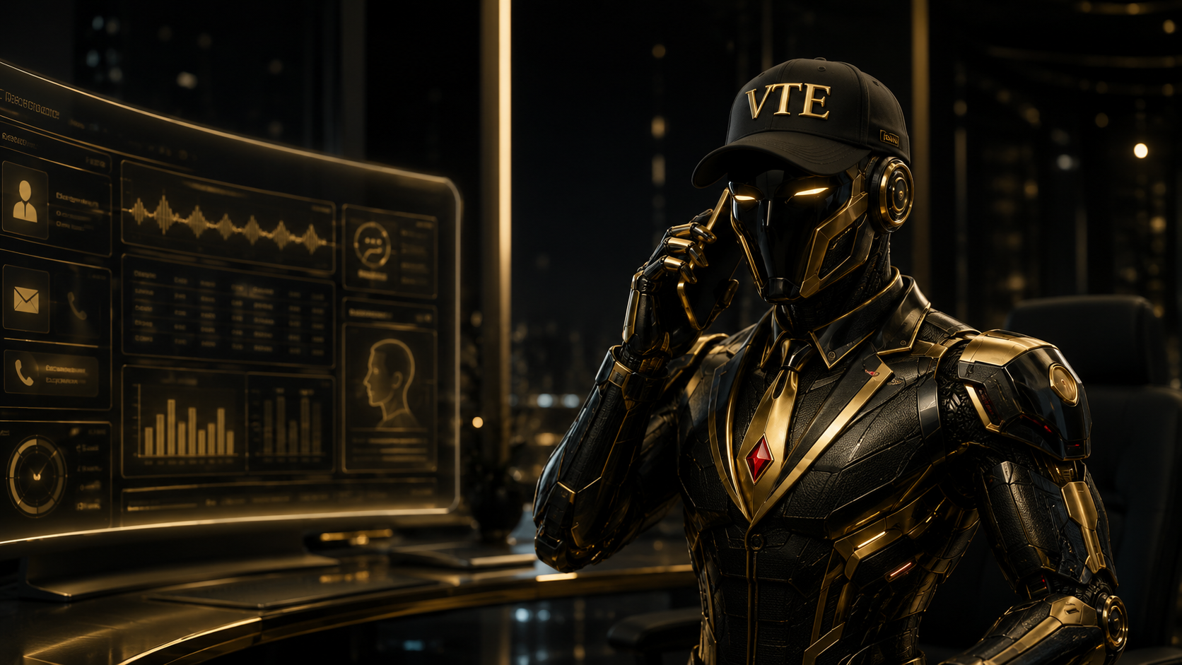 Gold and black VTE AI employee handling a phone call at a digital command center